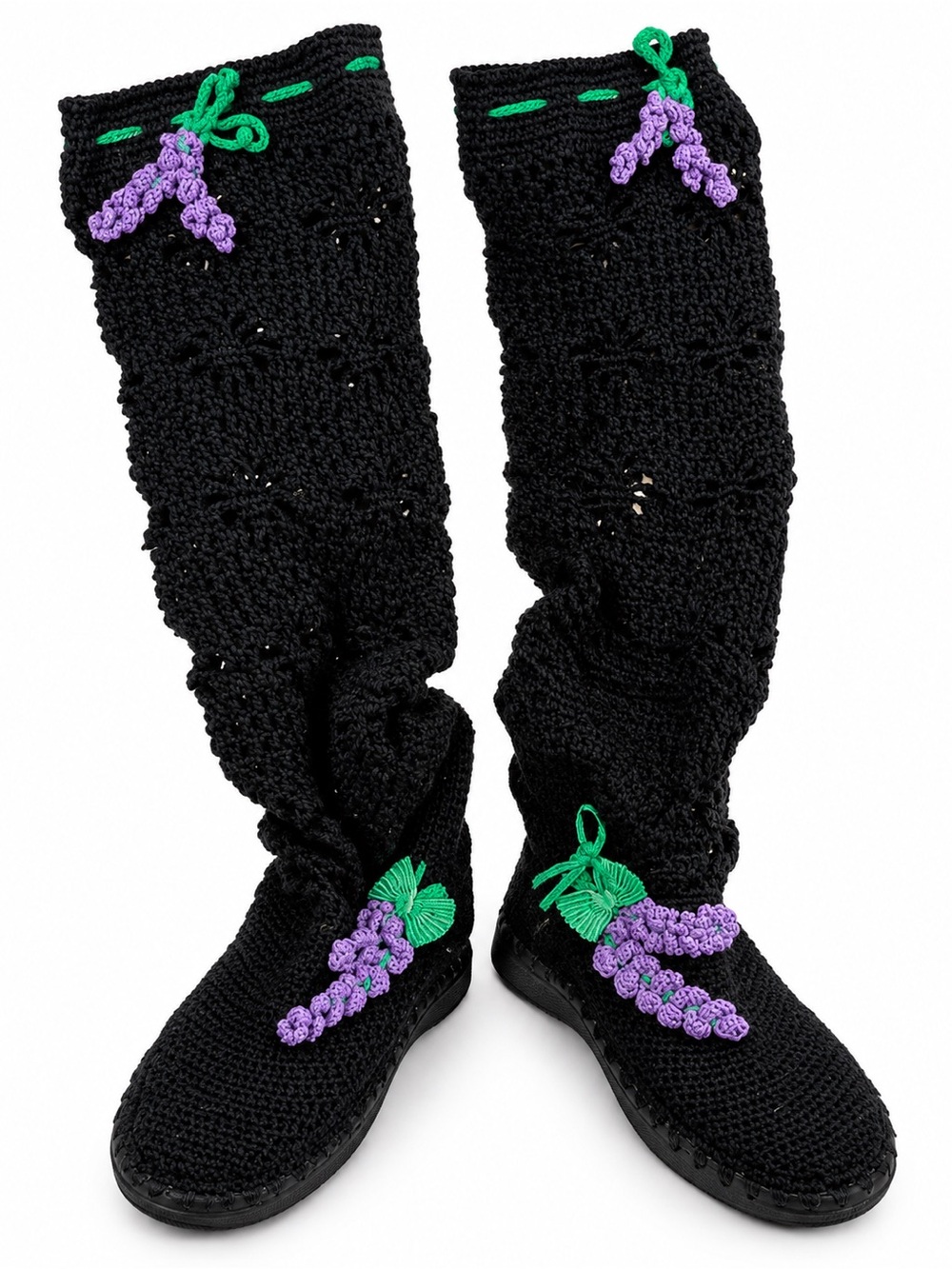 Hand Crochet Black Knee High Boots Purple Floral Boho Artisan Size 37